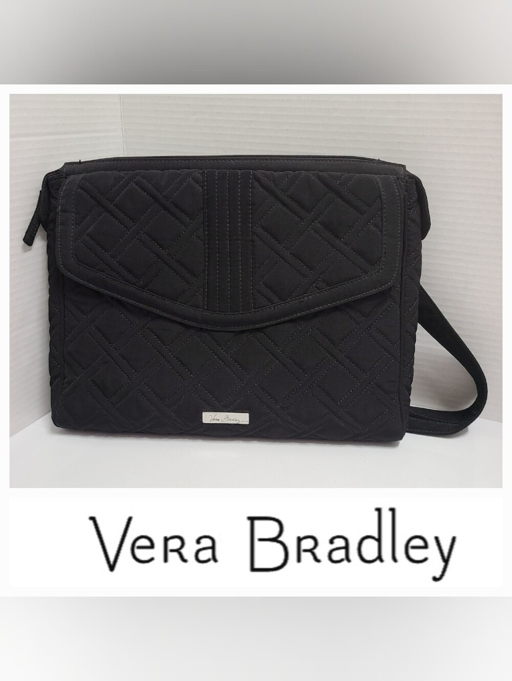 Vera Bradley Microfiber Tablet Hipster Messenger Crossbody Bag Black Quilted